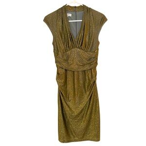 Women’s—Maggy London Metallic Gold Short Sleeve V-Neck Mid Thigh Dress. Size 4